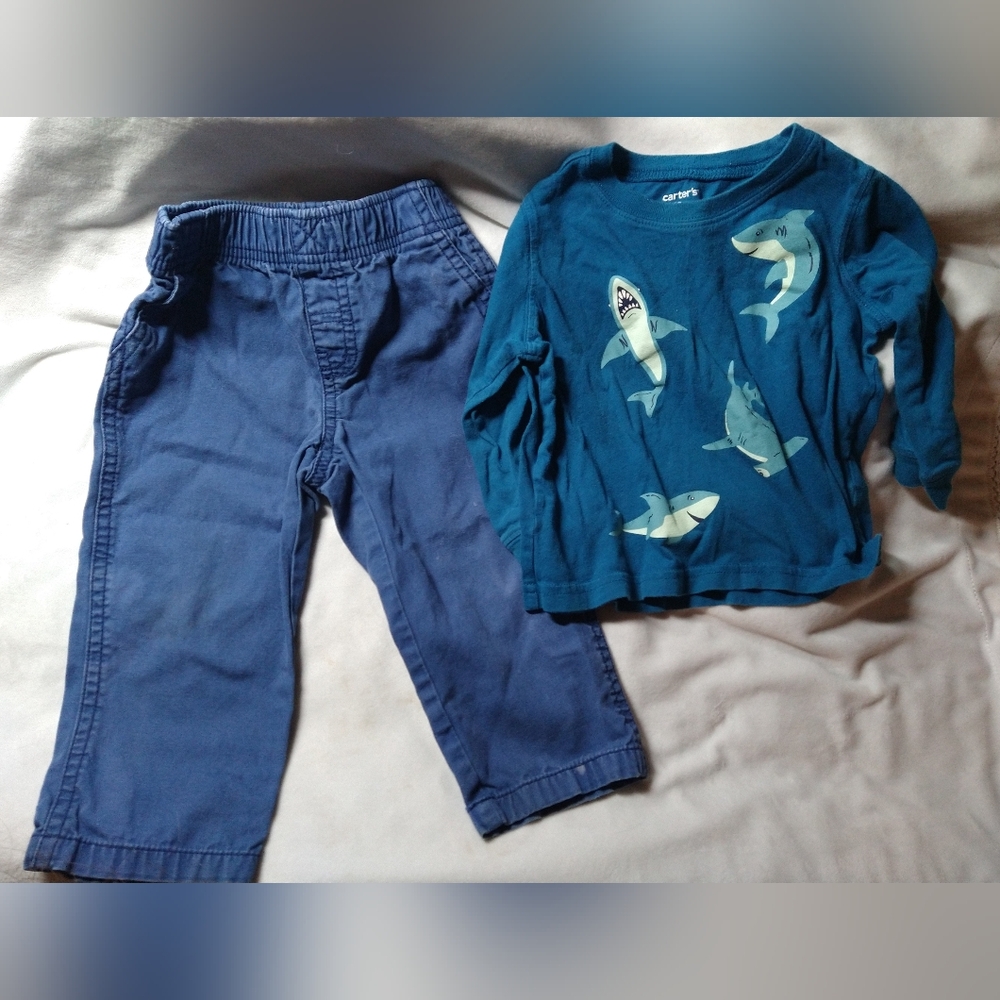 Free With Purchase Carters Blue Shark Print Kids Top And Blue Bottoms